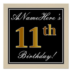 Poster Elégant, Noir, Faux Or 11ème Anniversaire + Nom