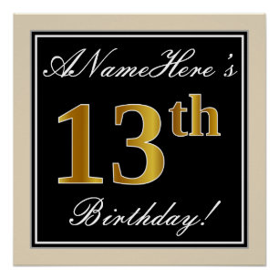 Poster Elégant, Noir, Faux Or 13ème Anniversaire + Nom