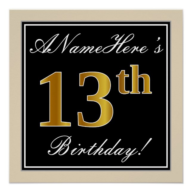 Poster Elégant, Noir, Faux Or 13ème Anniversaire + Nom (Devant)