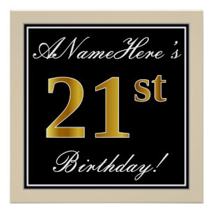 Poster Elégant, Noir, Faux Or 21ème Anniversaire + Nom