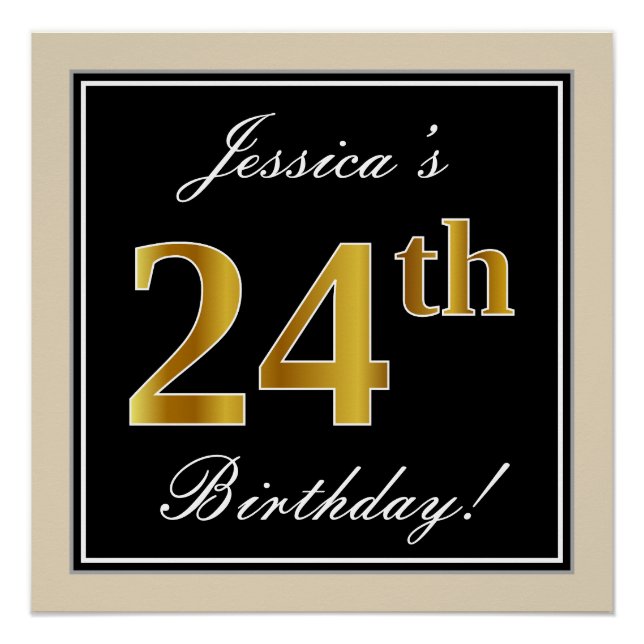 Poster Elégant, Noir, Faux Or 24ème Anniversaire + Nom (Devant)