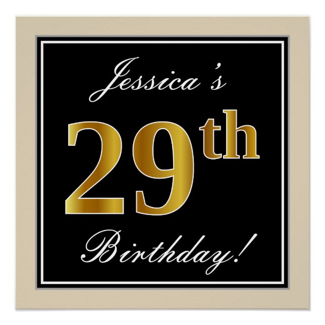 Poster Elégant, Noir, Faux Or 29ème Anniversaire + Nom (Devant)