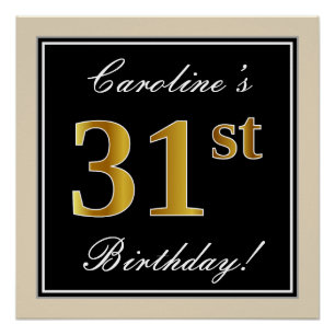 Poster Elégant, Noir, Faux Or 31ème Anniversaire + Nom