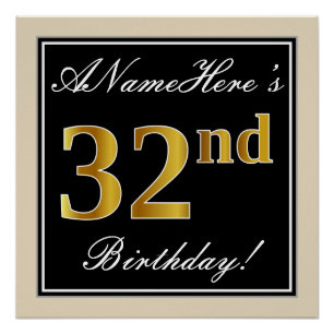 Poster Elégant, Noir, Faux Or 32ème Anniversaire + Nom