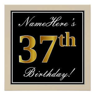 Poster Elégant, Noir, Faux Or 37ème Anniversaire + Nom