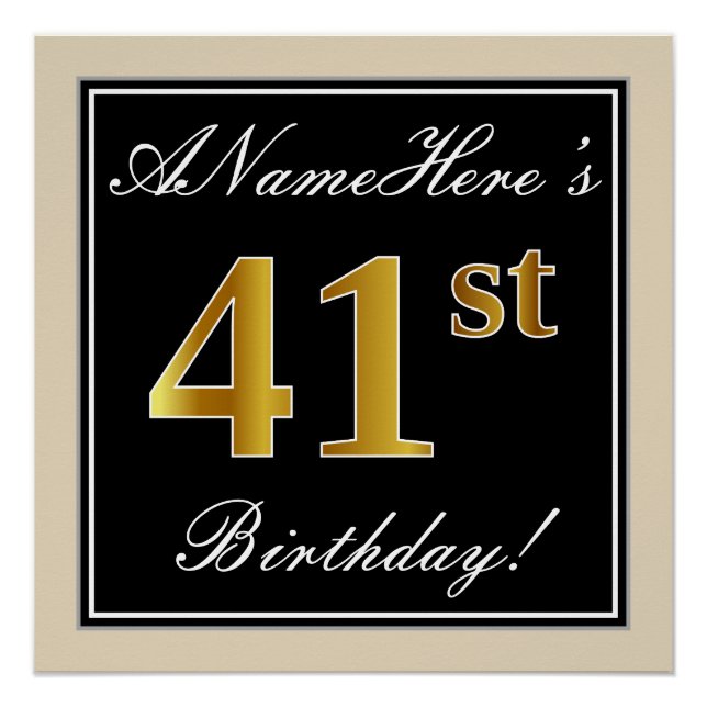 Poster Elégant, Noir, Faux Or 41ème Anniversaire + Nom (Devant)