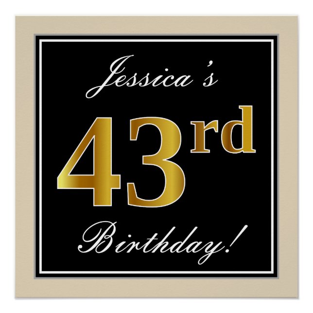 Poster Elégant, Noir, Faux Or 43ème Anniversaire + Nom (Devant)