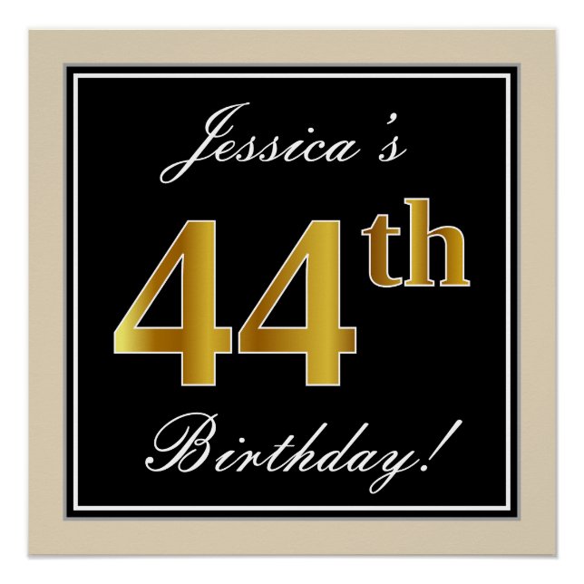 Poster Elégant, Noir, Faux Or 44ème Anniversaire + Nom (Devant)