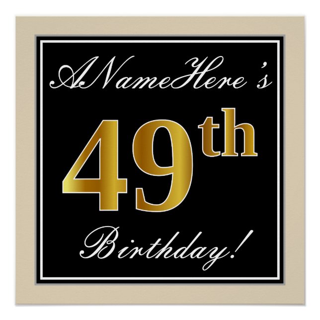 Poster Elégant, Noir, Faux Or 49ème Anniversaire + Nom (Devant)