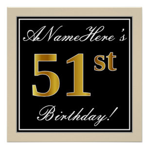 Poster Elégant, Noir, Faux Or 51ème Anniversaire + Nom