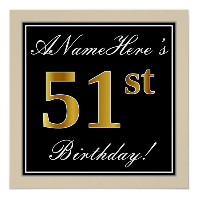 Poster Elégant, Noir, Faux Or 51ème Anniversaire + Nom (Devant)