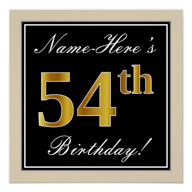 Poster Elégant, Noir, Faux Or 54ème Anniversaire + Nom (Devant)