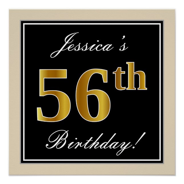 Poster Elégant, Noir, Faux Or 56ème Anniversaire + Nom (Devant)