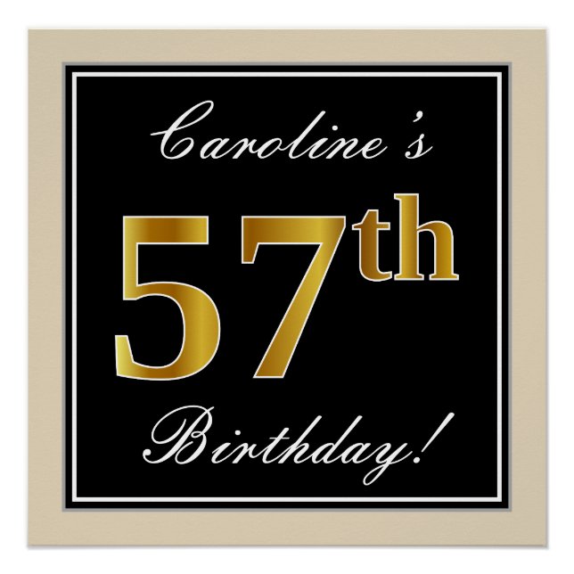 Poster Elégant, Noir, Faux Or 57ème Anniversaire + Nom (Devant)