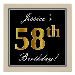 Poster Elégant, Noir, Faux Or 58ème Anniversaire + Nom