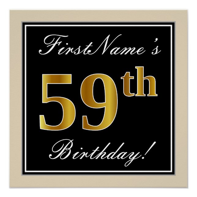Poster Elégant, Noir, Faux Or 59ème Anniversaire + Nom (Devant)