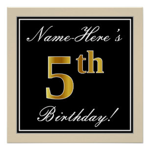 Poster Elégant, Noir, Faux Or 5ème anniversaire + Nom