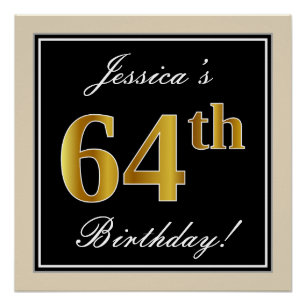 Poster Elégant, Noir, Faux Or 64ème Anniversaire + Nom