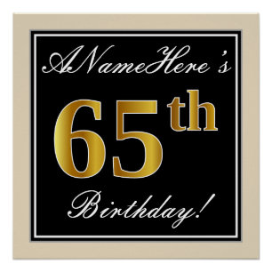 Poster Elégant, Noir, Faux Or 65ème Anniversaire + Nom