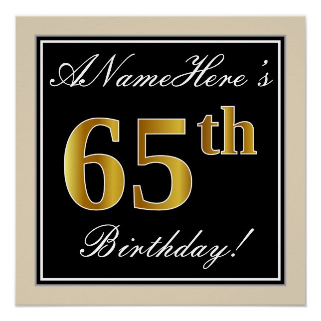 Poster Elégant, Noir, Faux Or 65ème Anniversaire + Nom (Devant)
