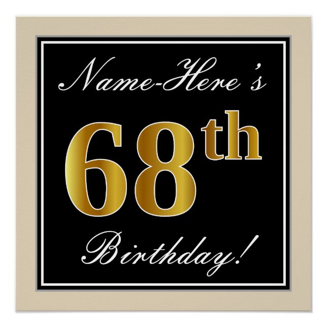 Poster Elégant, Noir, Faux Or 68ème Anniversaire + Nom (Devant)