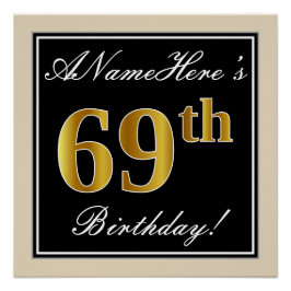 Poster Elégant, Noir, Faux Or 69ème Anniversaire + Nom