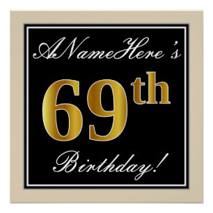 Poster Elégant, Noir, Faux Or 69ème Anniversaire + Nom