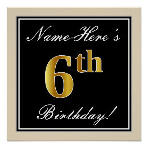 Poster Elégant, Noir, Faux Or 6ème anniversaire + Nom