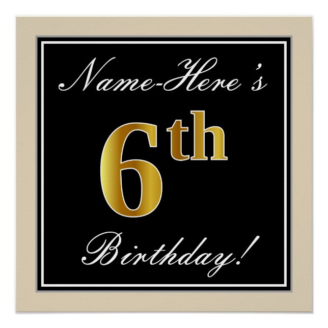 Poster Elégant, Noir, Faux Or 6ème anniversaire + Nom (Devant)