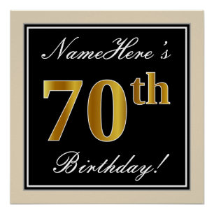 Poster Elégant, Noir, Faux Or 70ème Anniversaire + Nom