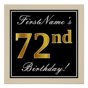 Poster Elégant, Noir, Faux Or 72ème Anniversaire + Nom