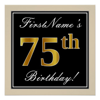 Poster Elégant, Noir, Faux Or 75ème Anniversaire + Nom