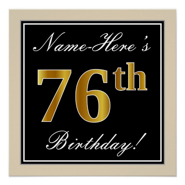 Poster Elégant, Noir, Faux Or 76ème Anniversaire + Nom (Devant)