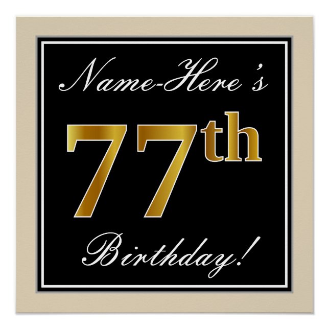 Poster Elégant, Noir, Faux Or 77ème Anniversaire + Nom (Devant)