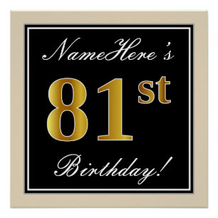 Poster Elégant, Noir, Faux Or 81ème Anniversaire + Nom