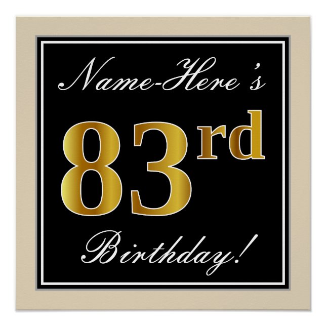 Poster Elégant, Noir, Faux Or 83ème Anniversaire + Nom (Devant)