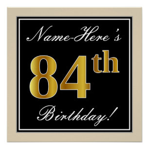 Poster Elégant, Noir, Faux Or 84ème Anniversaire + Nom