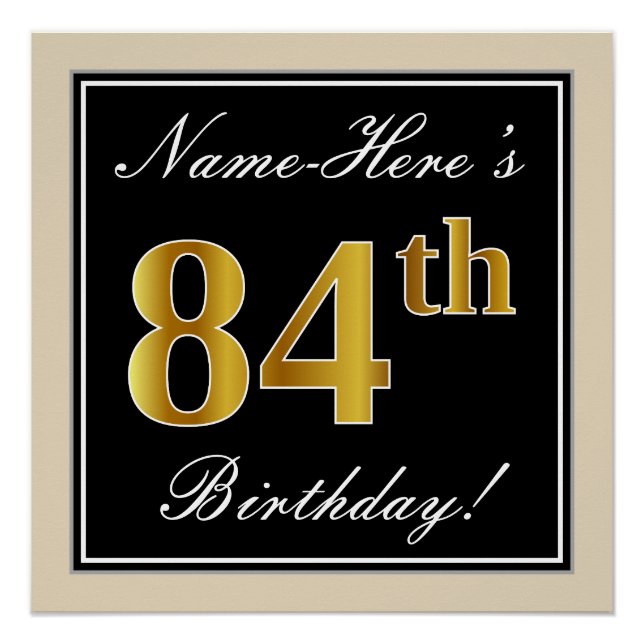 Poster Elégant, Noir, Faux Or 84ème Anniversaire + Nom (Devant)