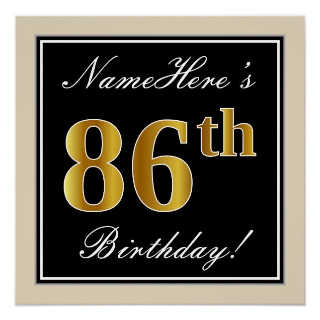 Poster Elégant, Noir, Faux Or 86ème Anniversaire + Nom (Devant)