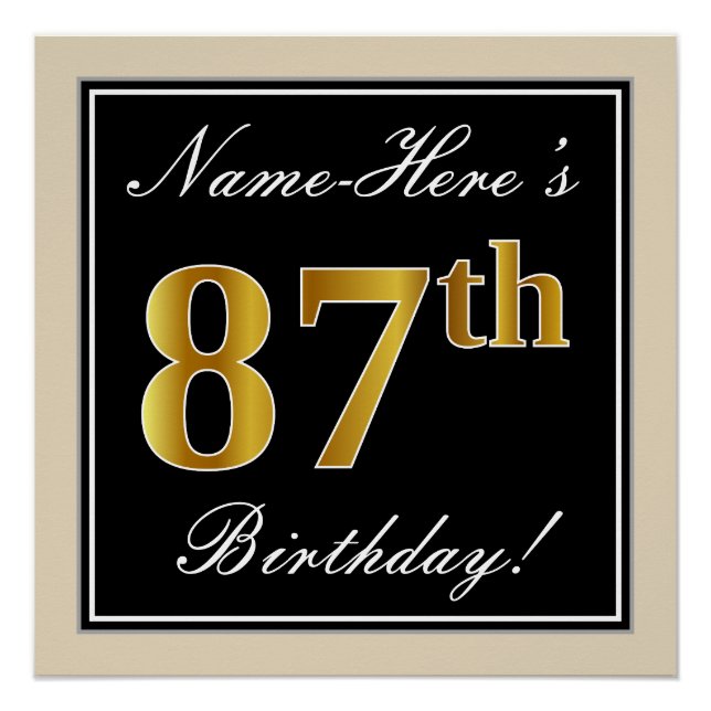 Poster Elégant, Noir, Faux Or 87ème Anniversaire + Nom (Devant)