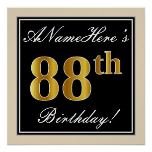 Poster Elégant, Noir, Faux Or 88ème Anniversaire + Nom
