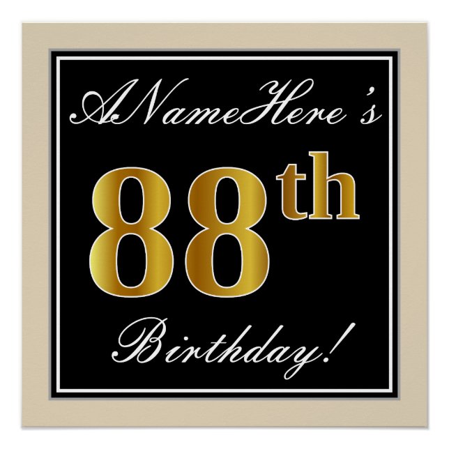 Poster Elégant, Noir, Faux Or 88ème Anniversaire + Nom (Devant)