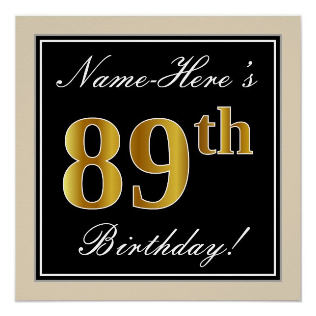 Poster Elégant, Noir, Faux Or 89ème Anniversaire + Nom (Devant)