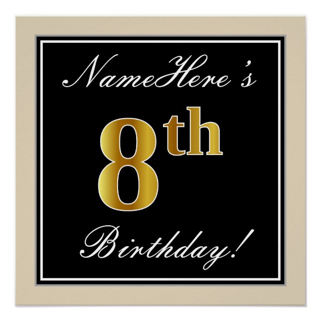 Poster Elégant, Noir, Faux Or 8ème anniversaire + Nom (Devant)