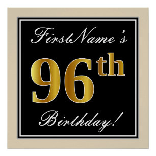 Poster Elégant, Noir, Faux Or 96ème Anniversaire + Nom