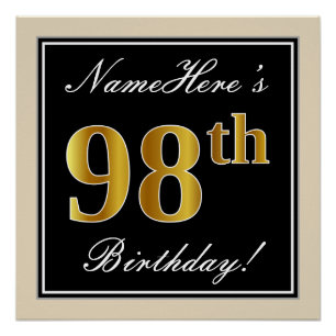 Poster Elégant, Noir, Faux Or 98ème Anniversaire + Nom