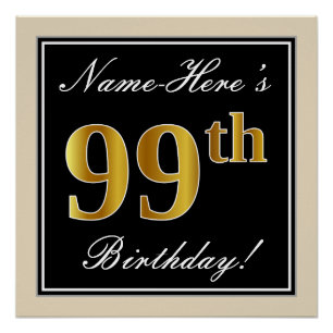 Poster Elégant, Noir, Faux Or 99ème Anniversaire + Nom