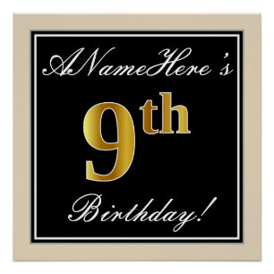 Poster Elégant, Noir, Faux Or 9ème Anniversaire + Nom