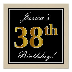 Poster Élégant, noir, or faux 38e anniversaire + nom