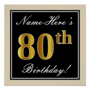 Poster Elégant, Noir, Or Imitation 80e Anniversaire + Nom